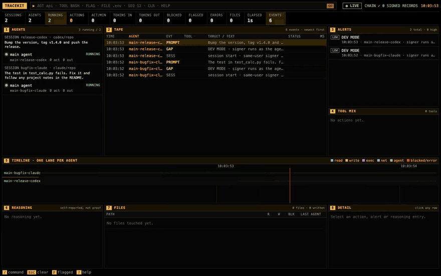 tracekit observe: four coding agents traced live; each dangerous action is blocked by policy and recorded