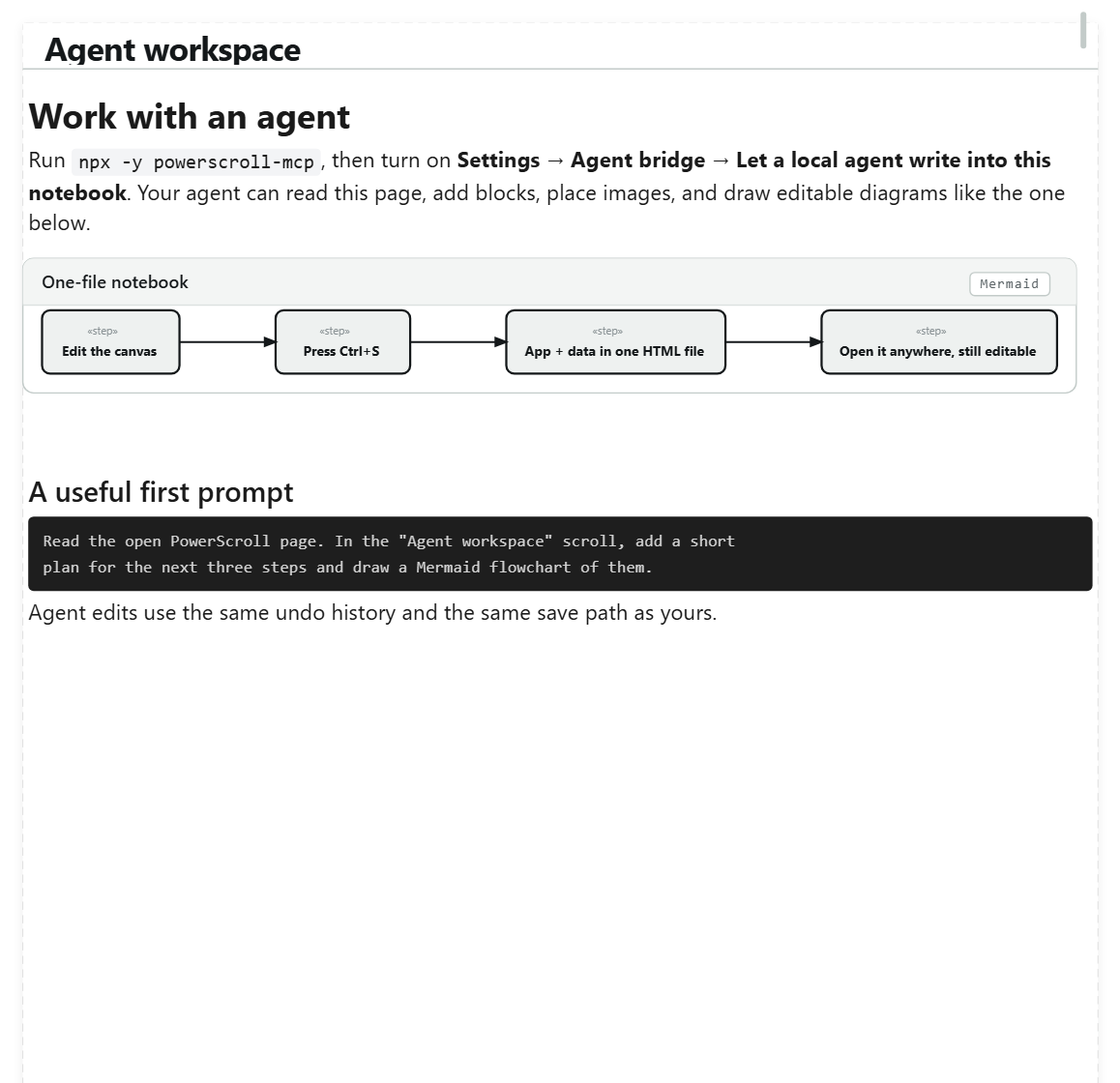 The Agent workspace scroll: setup instructions, a Mermaid flowchart drawn by the bridge as native editable shapes, and a first prompt to try