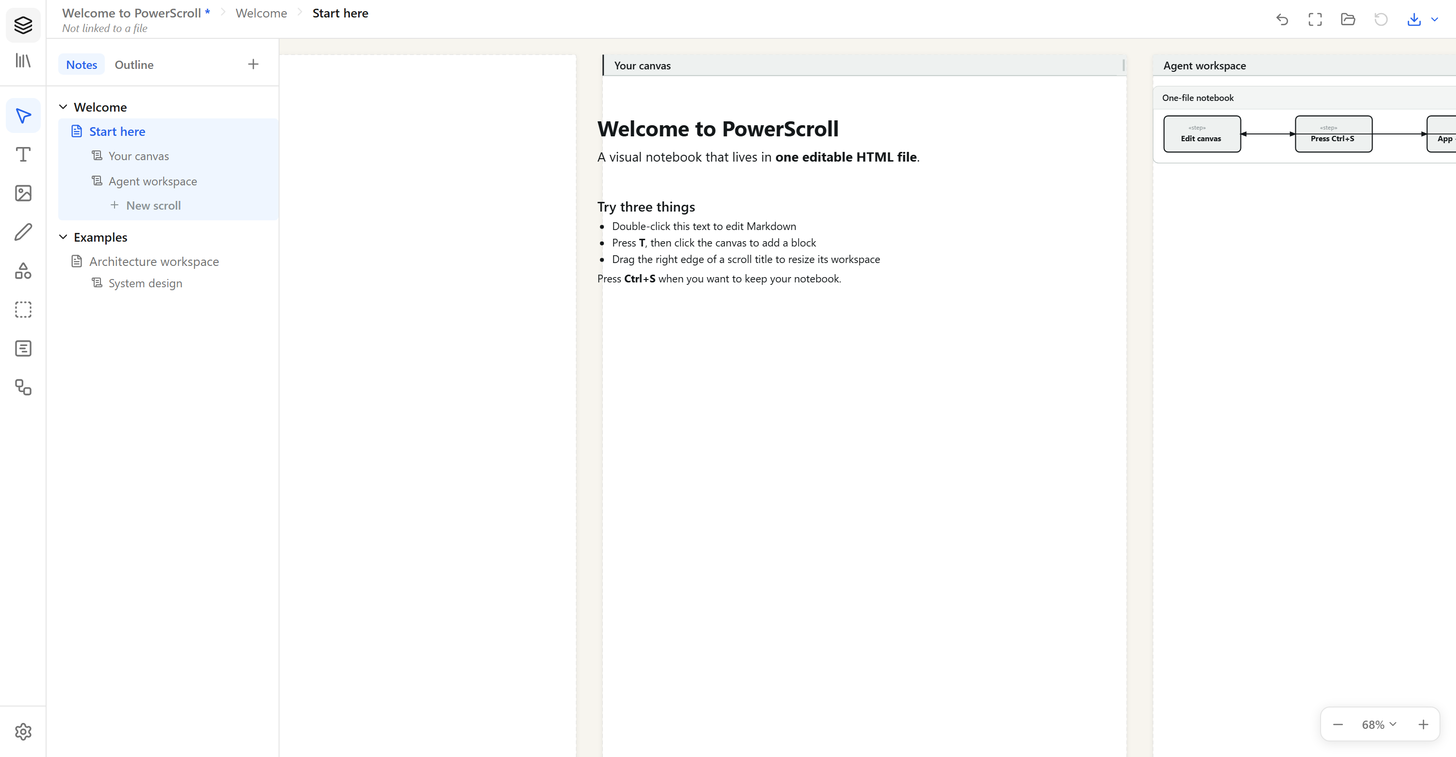 PowerScroll visual notebook showing structured pages, independent scrolls, markdown and an editable architecture diagram