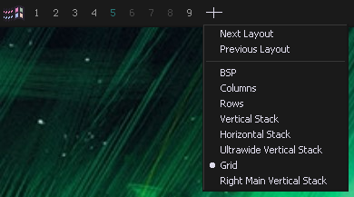 Screenshot of komoband with layout switcher and it's context menu