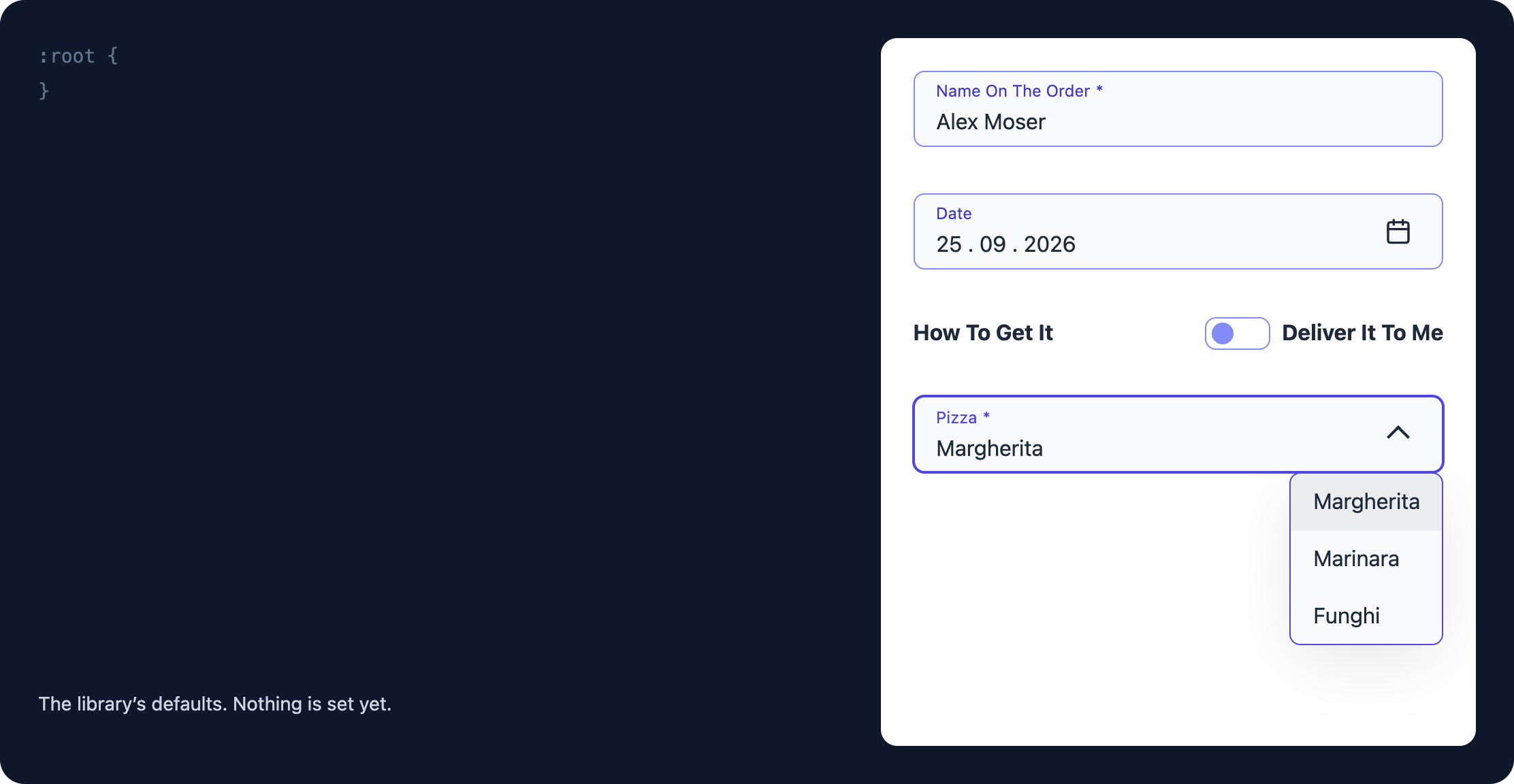 Four ngx-formidable fields, a dropdown open among them, restyled from the library's defaults in eight steps, one CSS variable per step, with the :root block growing beside them