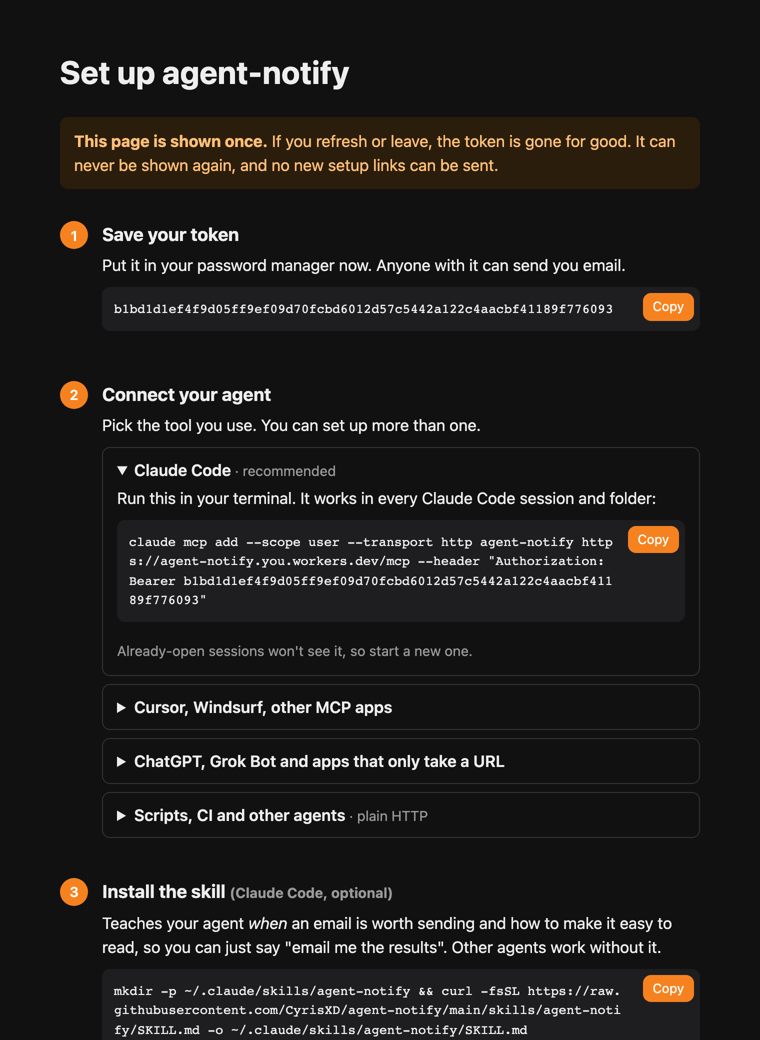 The setup page: save your token, connect your agent, install the skill, send a test