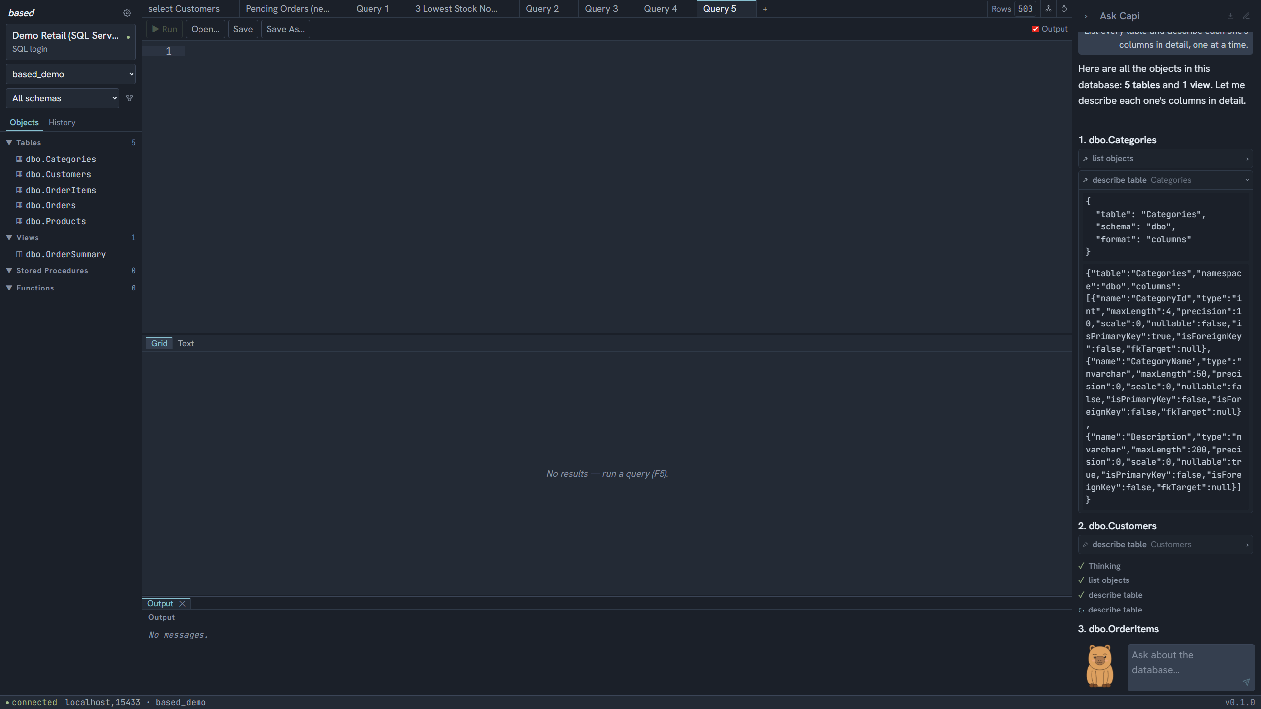 The agent's live activity feed showing tool-call steps with one expanded to show its JSON