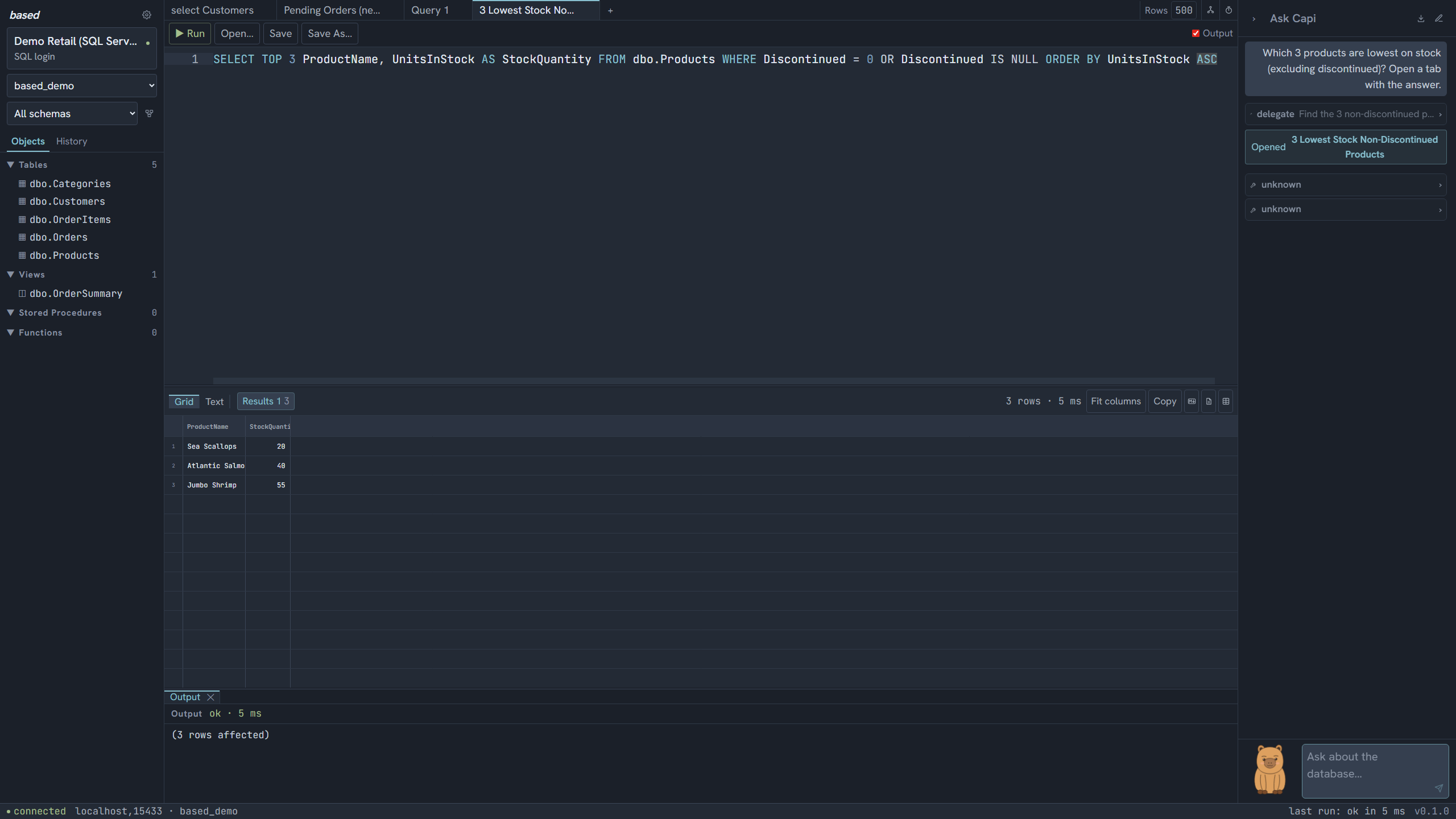 The agent has opened a new query tab; its results render in a full data grid
