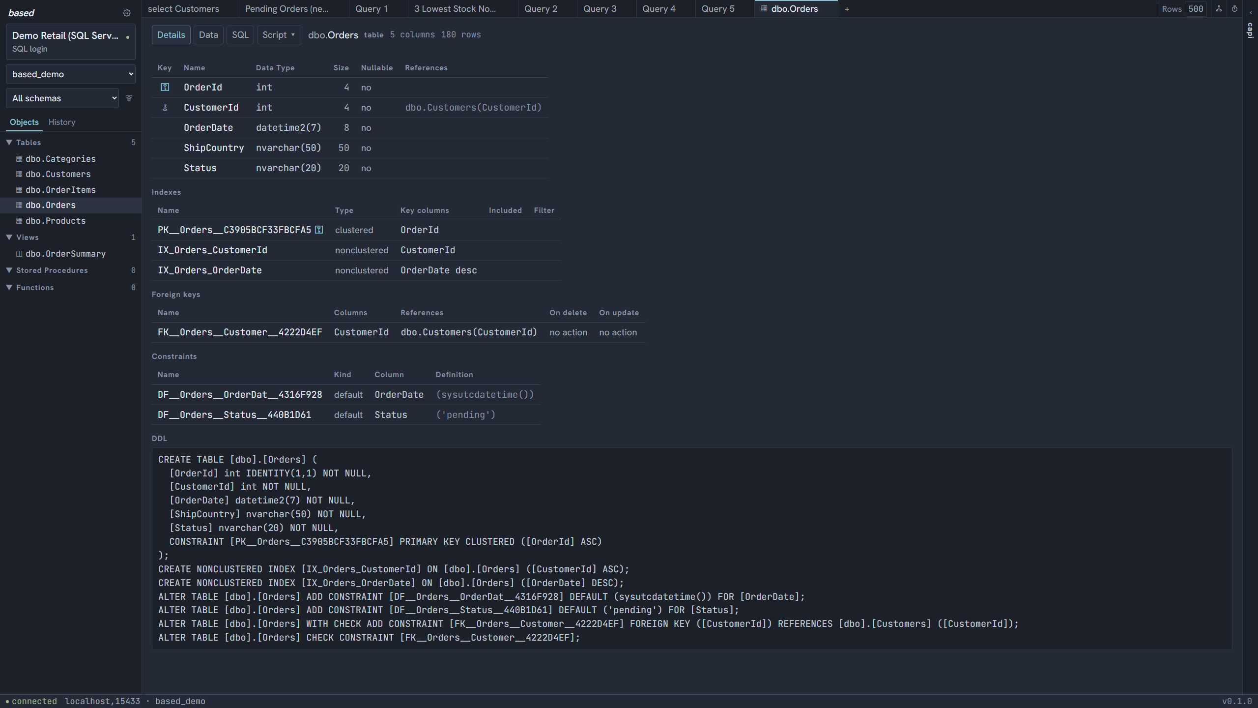 Table Details view showing columns, indexes, foreign keys and the DDL block