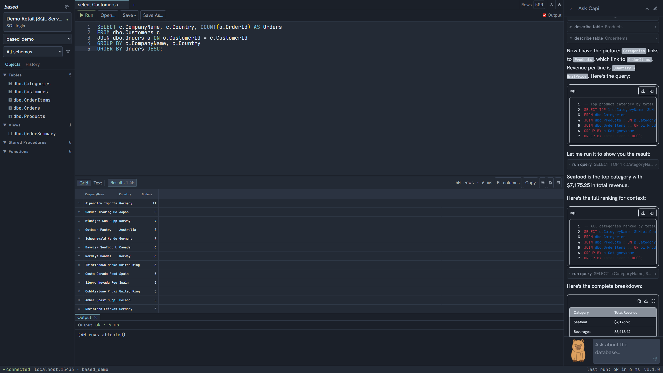 based, showing the object explorer, a query tab with results, and the agent answering in the right rail