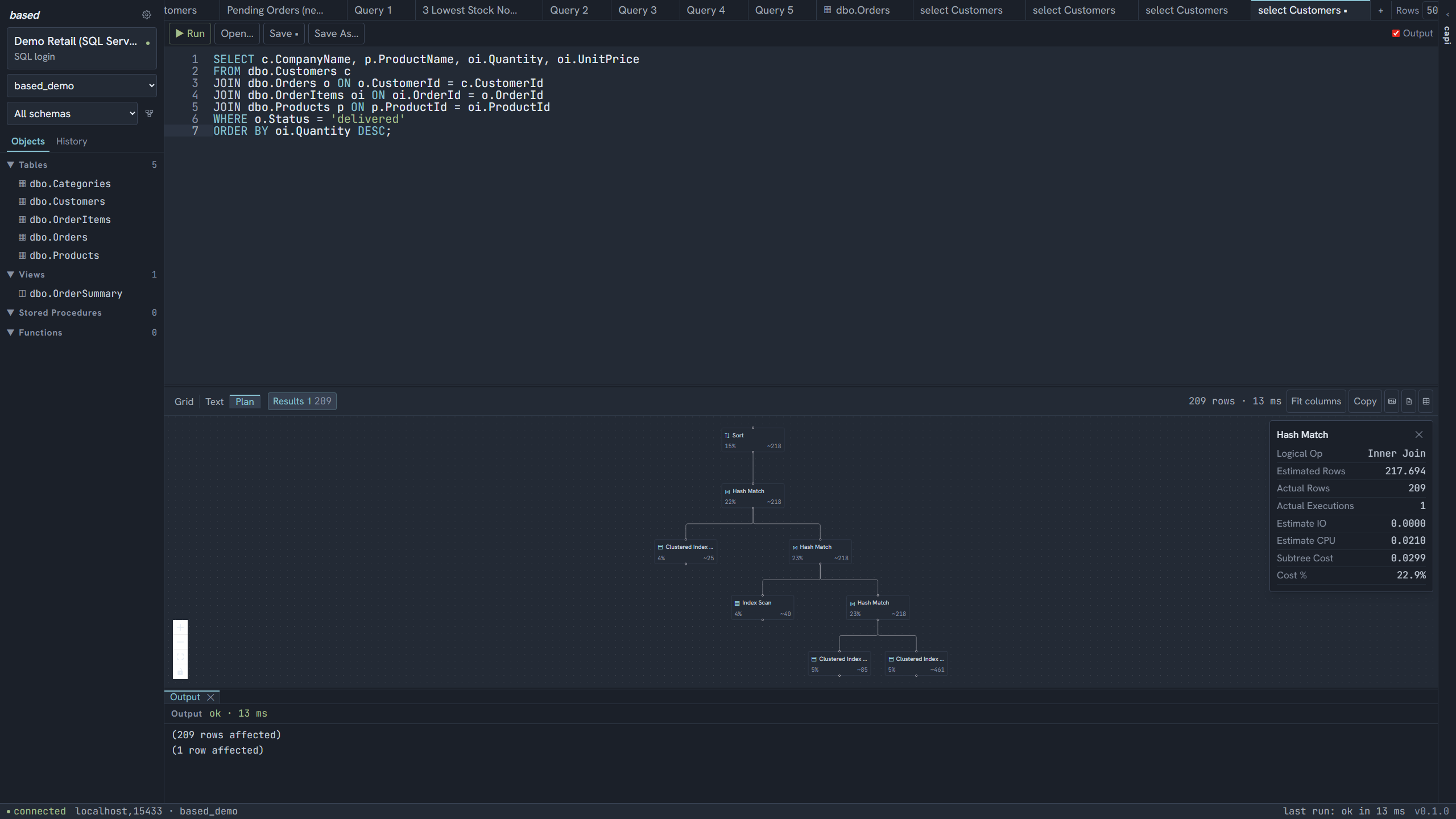 Execution plan operator tree with a selected node showing estimated and actual rows