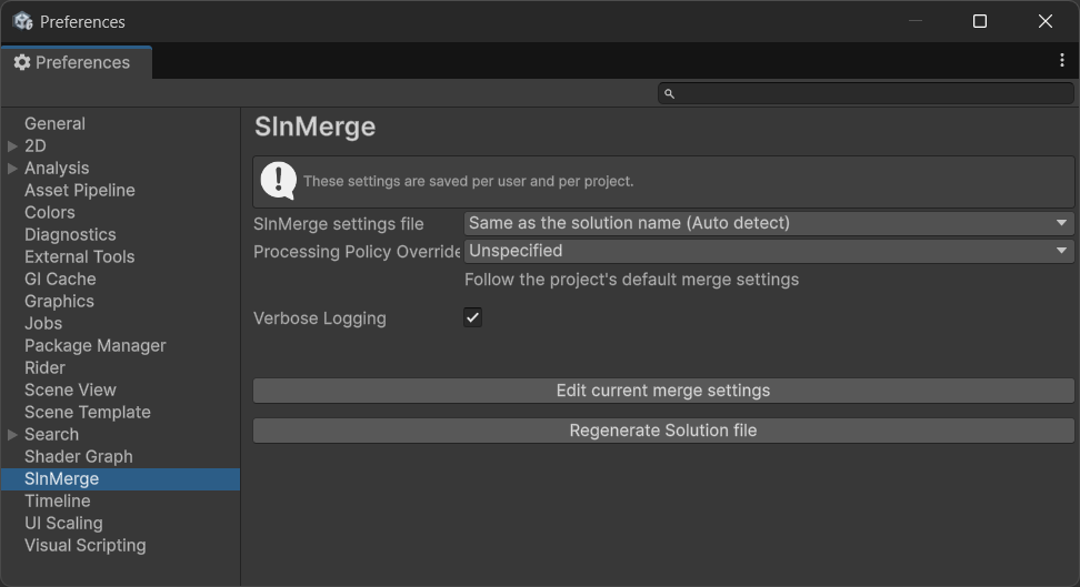 Unity Editor: Preferences -> SlnMerge