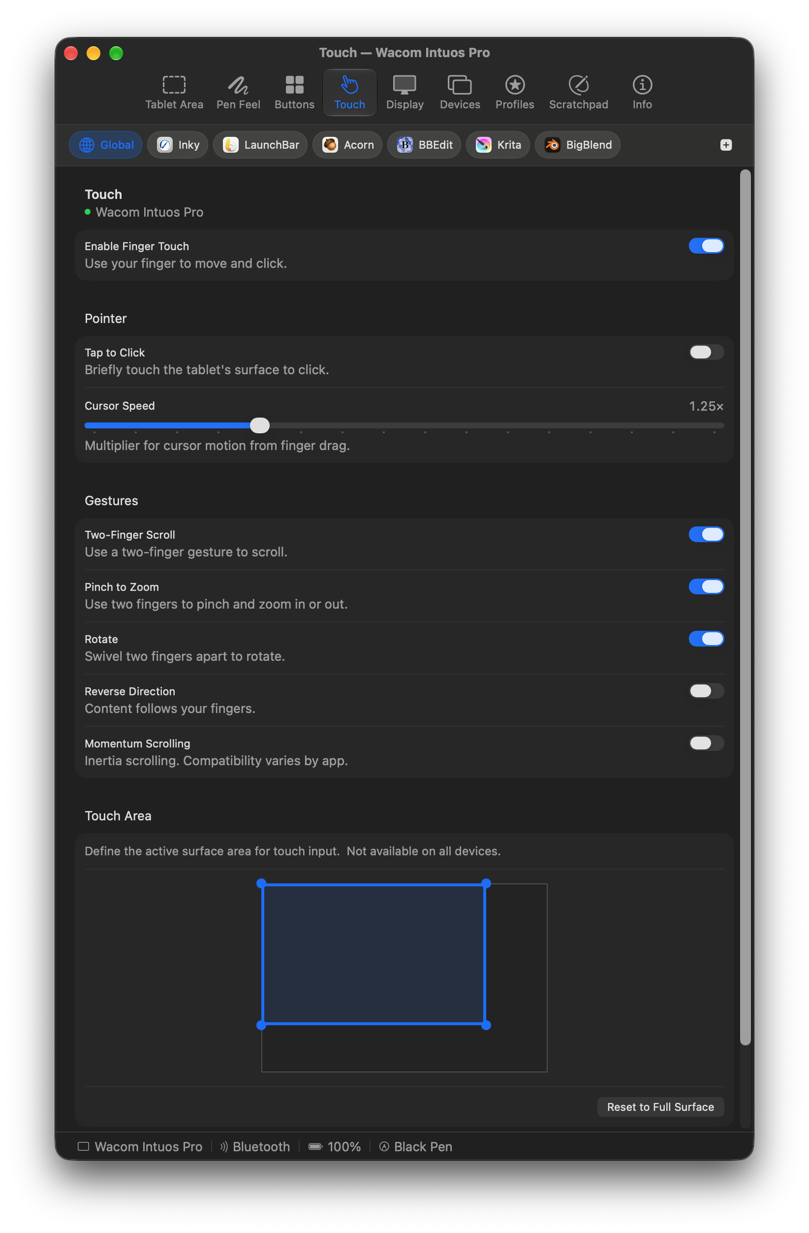 Touch settings