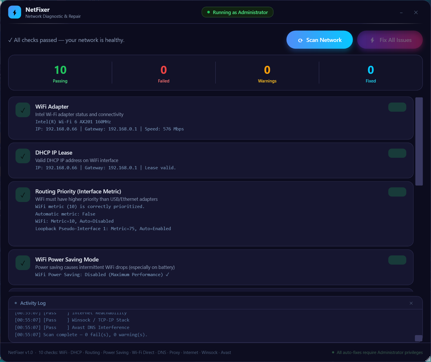 NetFixer scan results — issues found and auto-fix available