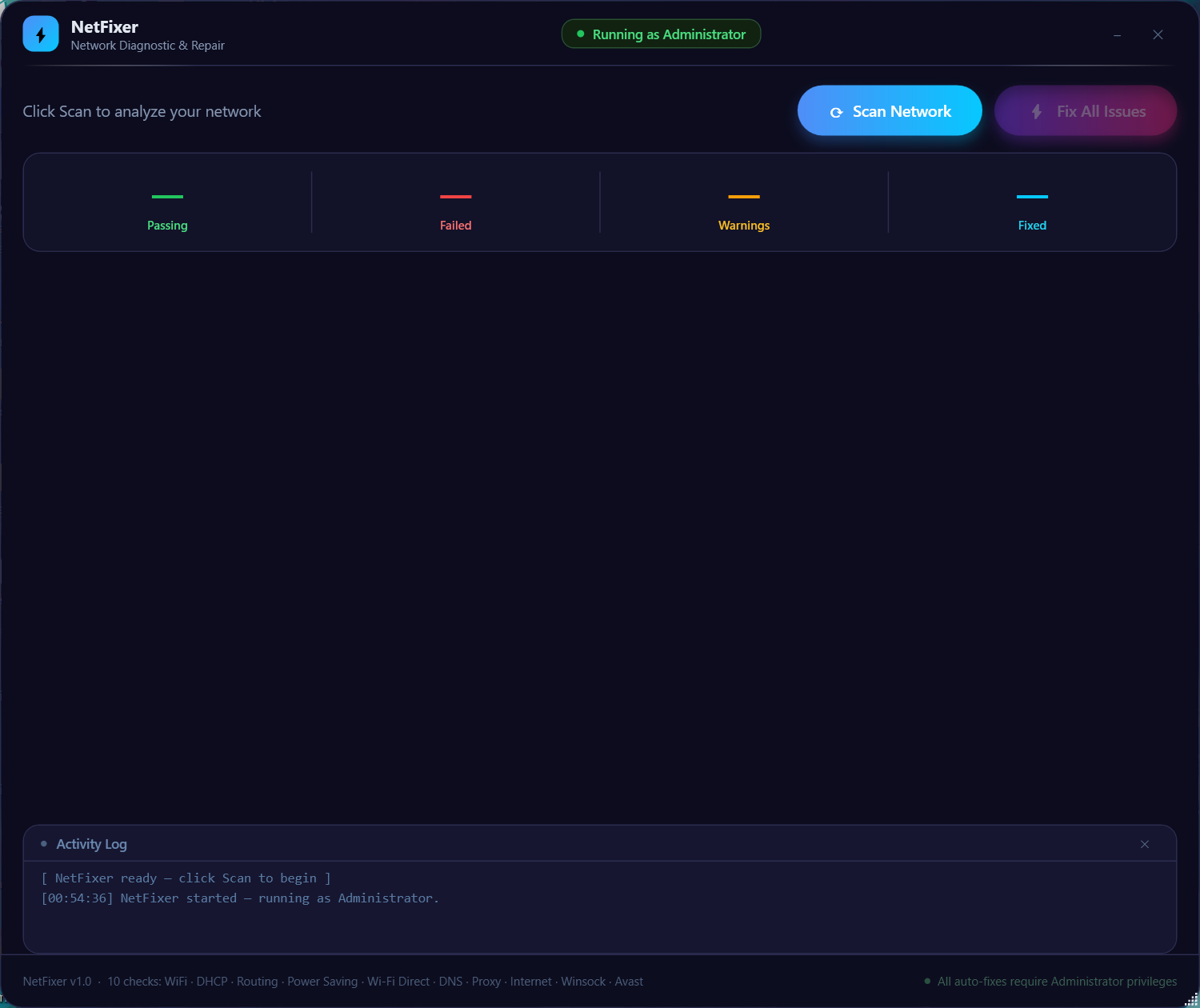 NetFixer main window — network diagnostic tool for Windows
