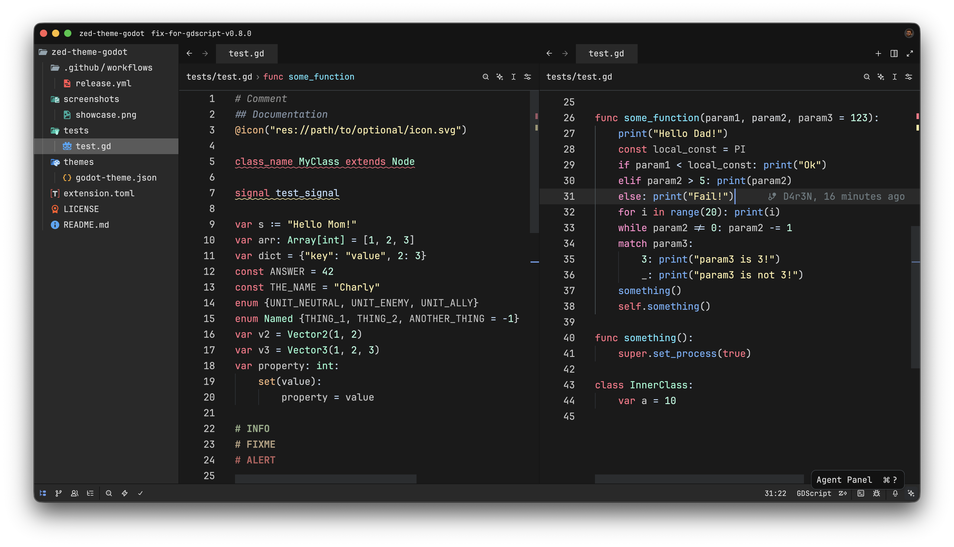 GDScript code with Godot theme for Zed