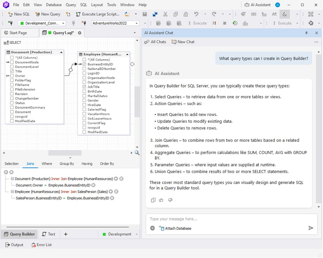 dbForge Edge showing the SQL Server environment with the Query Builder and AI Assistant.