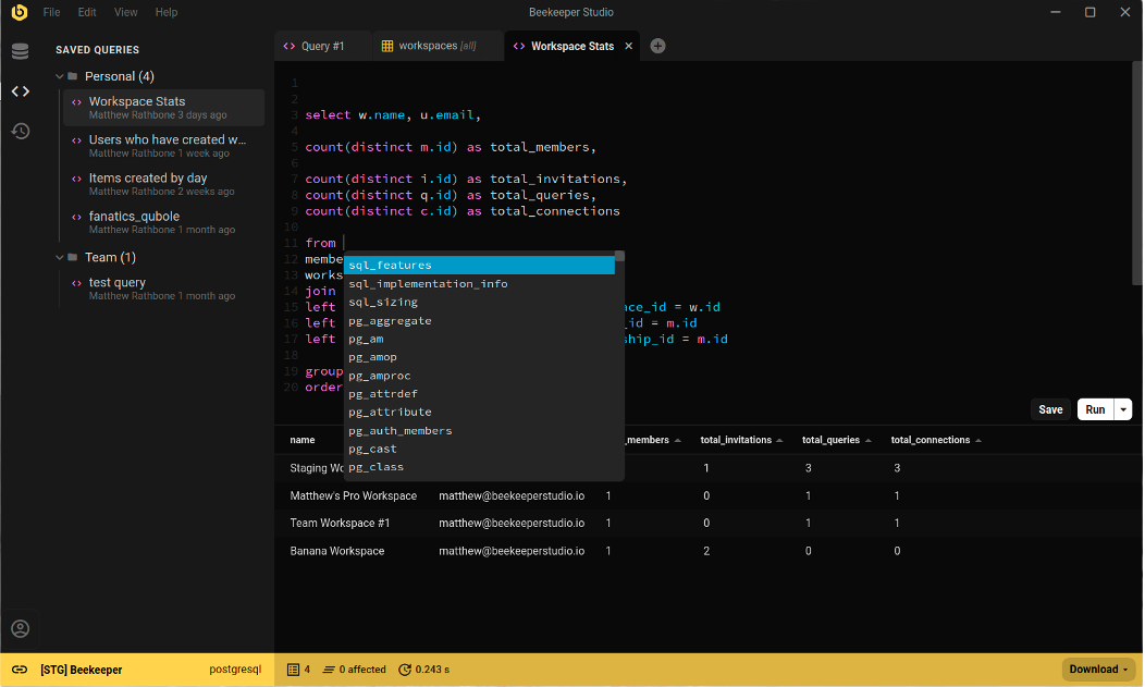 Beekeeper Studio showing the SQL editor, query autocomplete, saved queries, and query results.