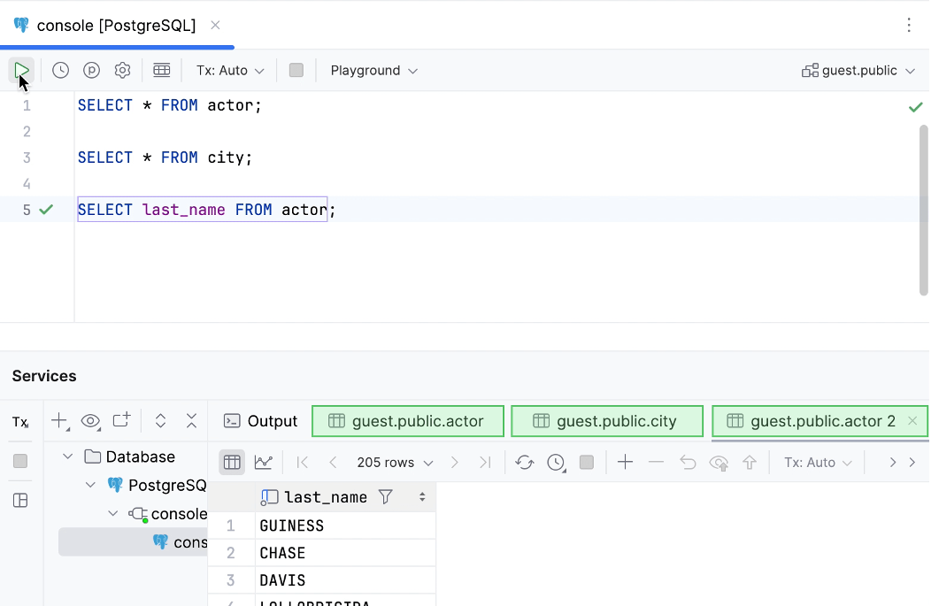 JetBrains DataGrip showing the SQL editor, database explorer, and query results.