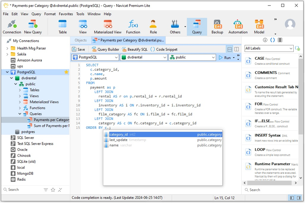 Navicat Premium showing the SQL editor, database explorer, and connections to multiple database platforms.