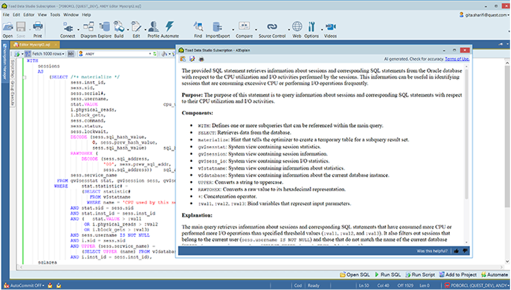 Toad Data Studio showing an SQL query with an AI-generated explanation in a split view.