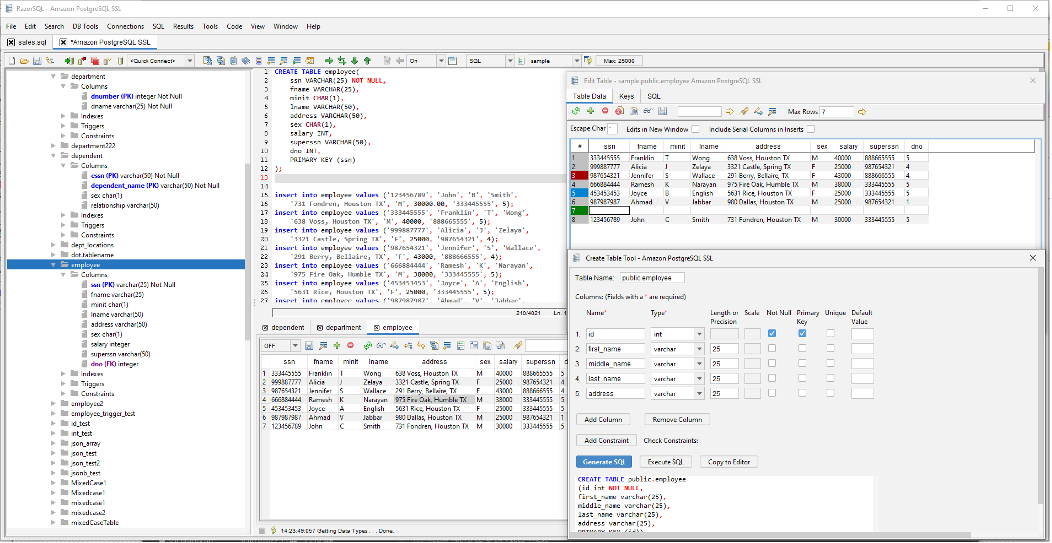 RazorSQL showing the SQL editor, database explorer, table editor, and query results.