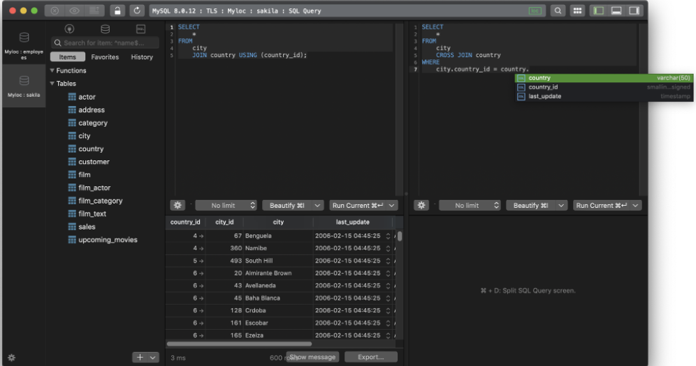 TablePlus showing the SQL editor, database explorer, query autocomplete, and query results.