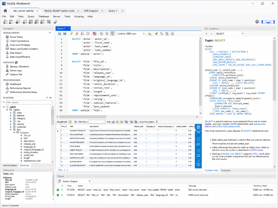 MySQL Workbench SQL editor displaying a SELECT query with the schema navigator, result grid, action output, and SQL reference panel