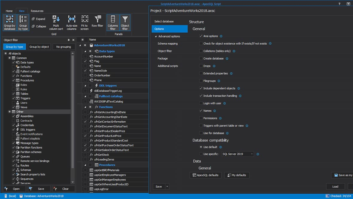 ApexSQL DevOps Toolkit configuring SQL Server database scripting, object selection, and deployment options for DevOps workflows.