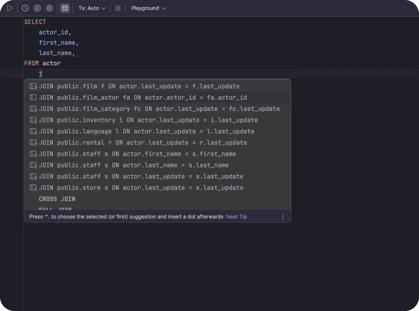 JetBrains DataGrip window with the database explorer tree on the left, a T-SQL console in the center showing inline code completion, and a DDL preview tooltip over a table name