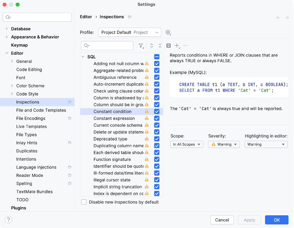 DataGrip IDE showing SQL inspections settings, highlighting schema-aware analysis and editor warnings for SQL code