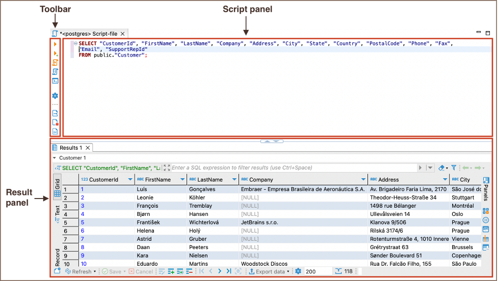 DBeaver database client showing SQL editor and results grid, illustrating cross-platform querying and data browsing