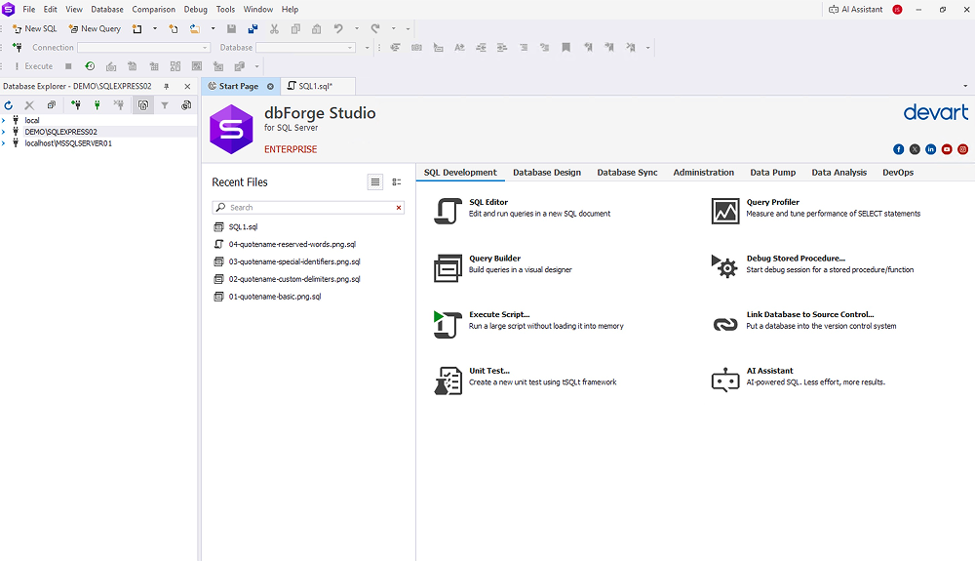 dbForge Studio for SQL Server with Query Profiler enabled, showing integrated SQL development and performance diagnostics