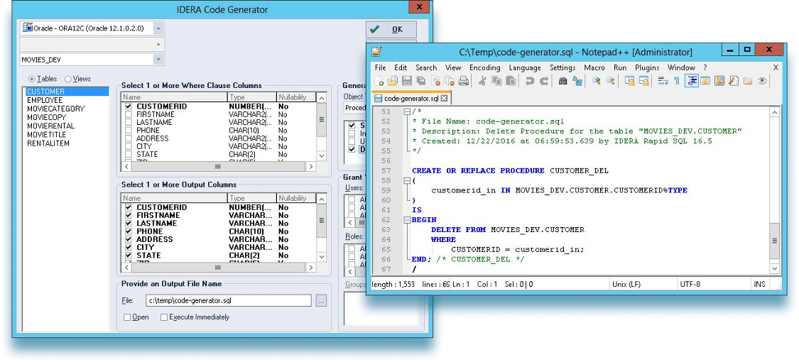 IDERA Code Generator generating SQL code and stored procedures from database objects to accelerate SQL development.