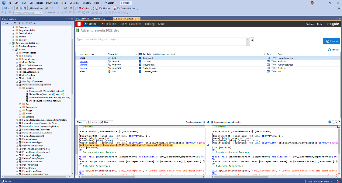 Redgate SQL Prompt integrated with SQL Server Management Studio, showing a T-SQL development workspace with Object Explorer and multiple SQL scripts.