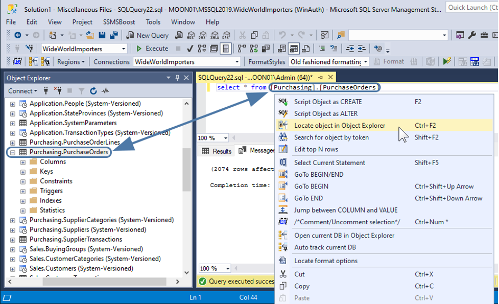 SQL Server Management Studio showing Object Explorer linked to a T-SQL query, illustrating native SQL Server administration and query execution