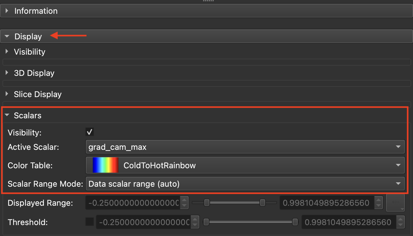 Screenshot of the location and values of the visualization settings