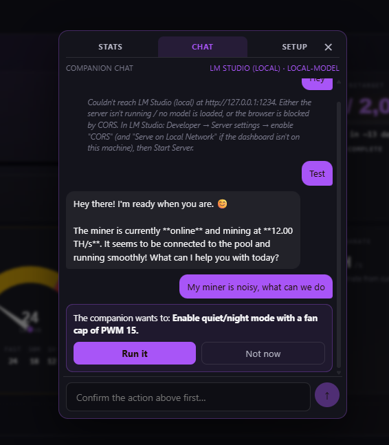 DCENT_OS Companion chat — local-LLM AI assistant proposing a quiet-mode action with explicit consent