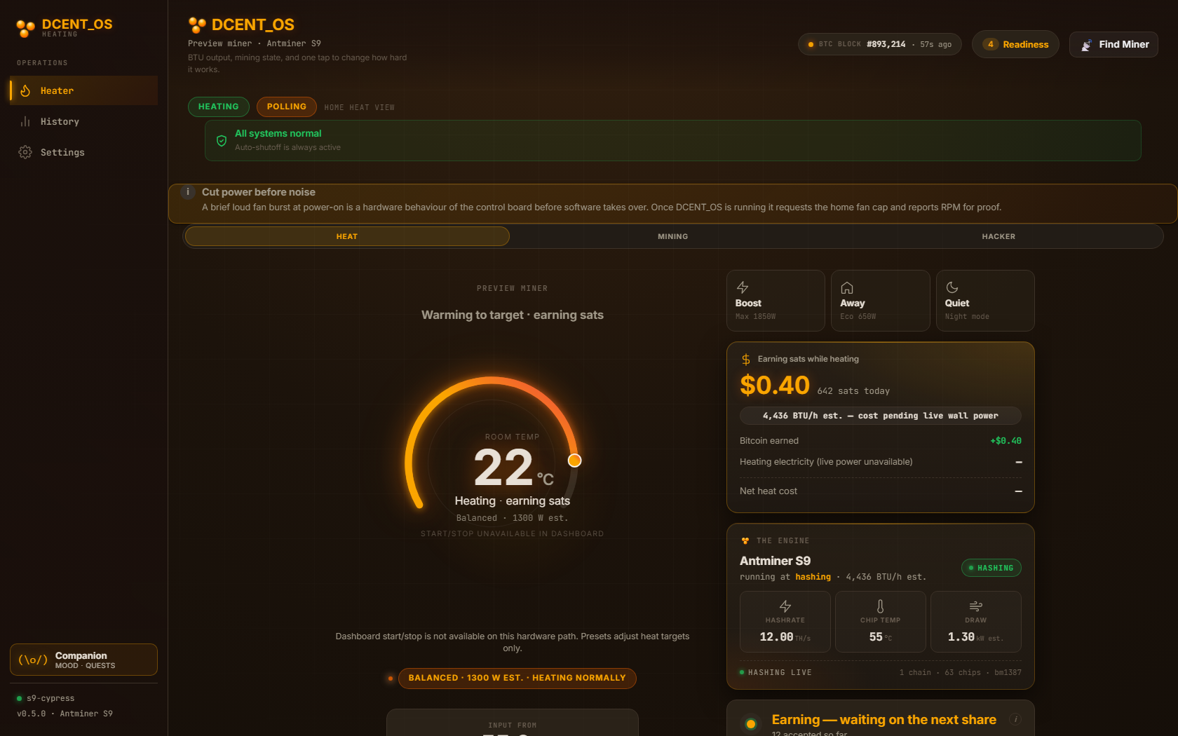 DCENT_OS Space Heater mode — thermostat-style Bitcoin mining space heater dashboard