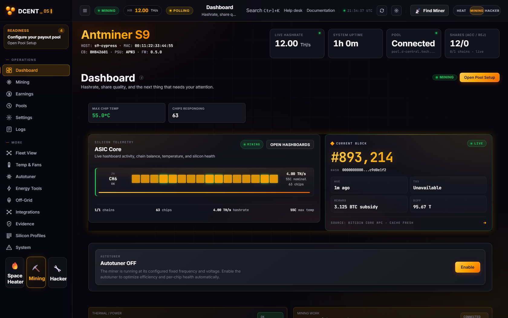 DCENT_OS Mining mode — Antminer S9 hashrate and silicon telemetry dashboard