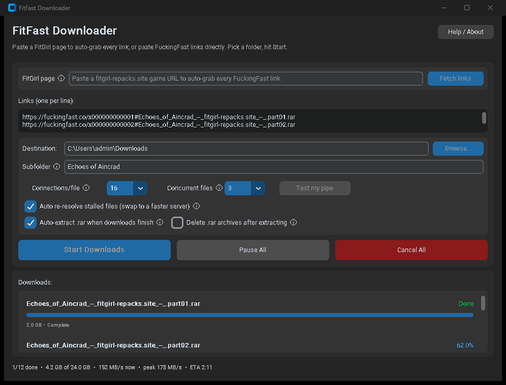FitFast downloading all repack parts in parallel with speed shown
