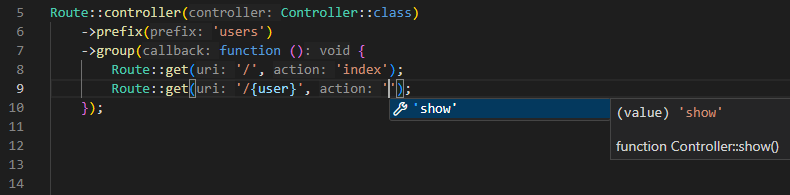 laravel controller method completion