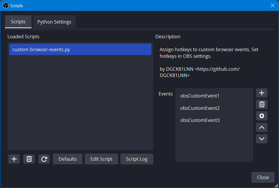 A description of the script and the “Events” box show up in the right side of the window. There are three default events, “obsCustomEvent1” through “obsCustomEvent3”.