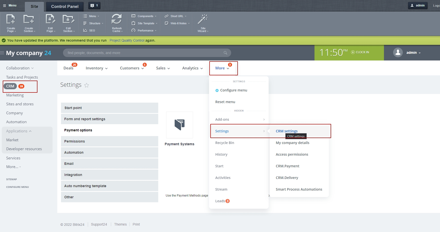 CRM → More → Settings → CRM Settings