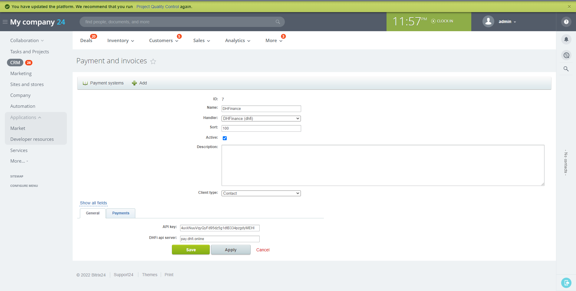 Example of filling in the form of the payment system