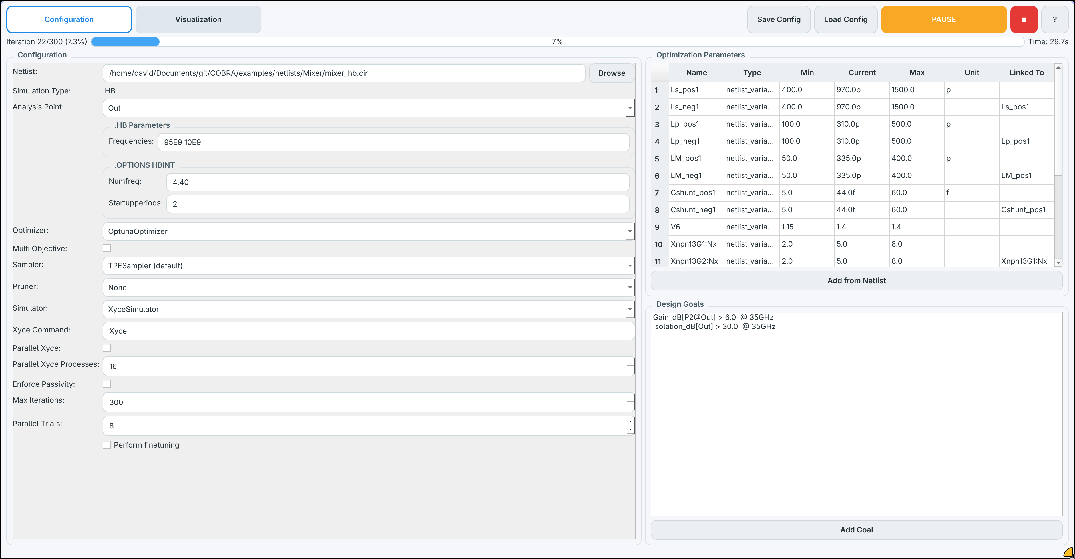 COBRA GUI screenshot showing netlist loading, component mapping, design goal configuration, and optimization controls