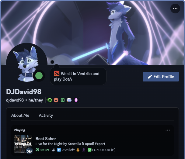 Discord profile activity tab showing the Beat Saber rich presence