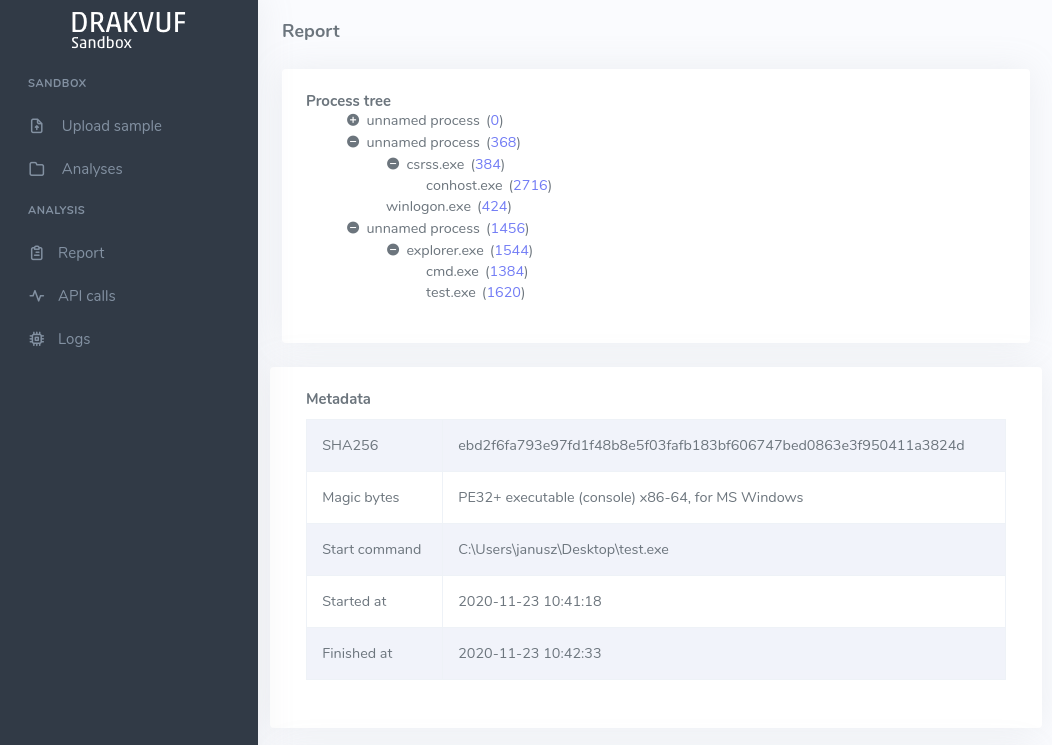 DRAKVUF Sandbox - Analysis view