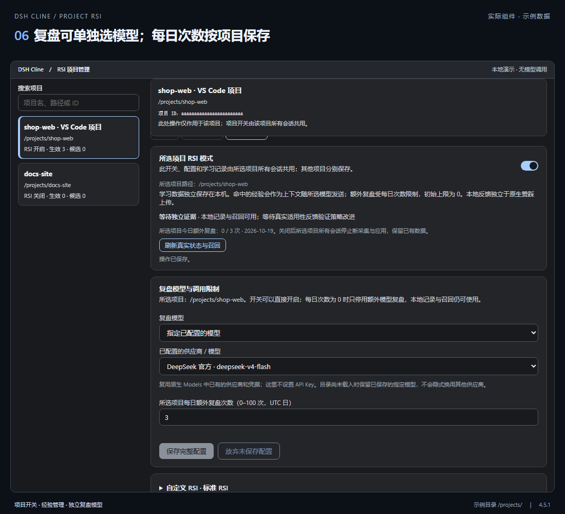 RSI 项目配置：独立开关、指定复盘模型、每日额外调用次数