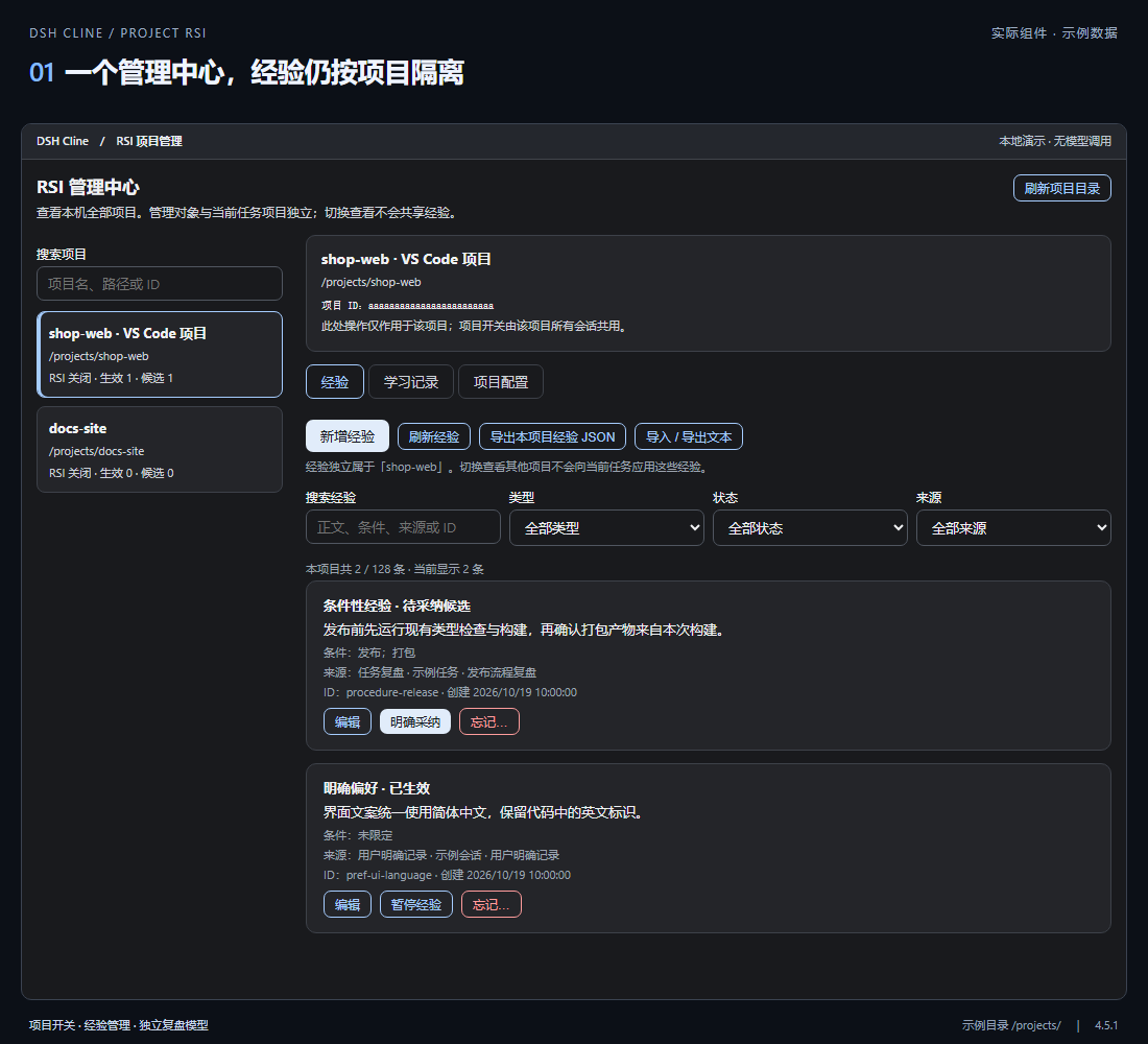 RSI 管理中心：项目列表、经验来源、适用条件和采纳操作
