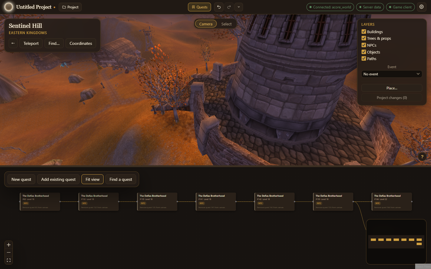 The World over Sentinel Hill with the Quests dock under it, showing a chain of quests
