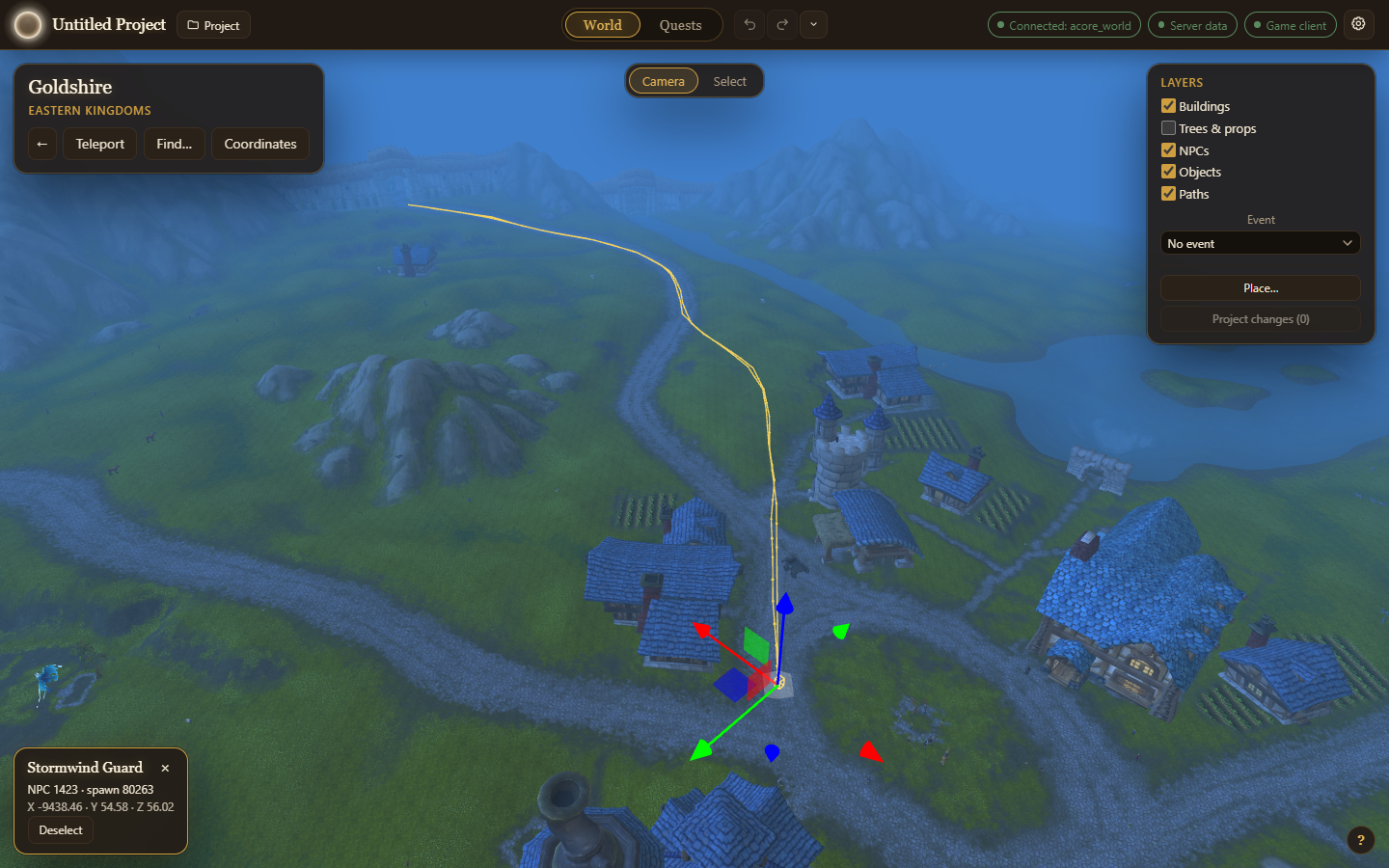 Before: a Stormwind Guard's stock route cuts across the grass north of Goldshire