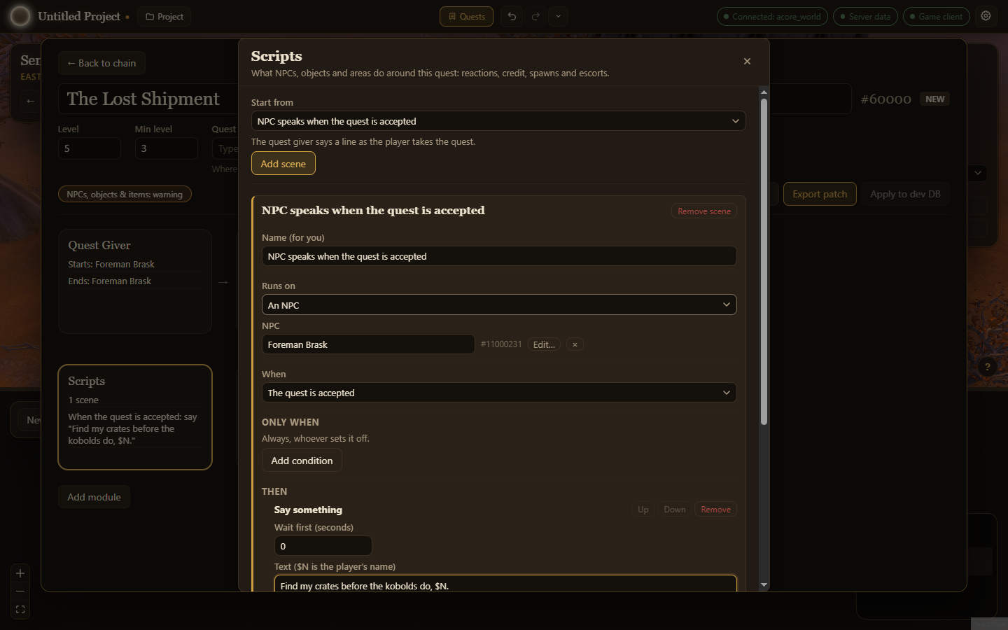 Quest scripting: scenes around a quest