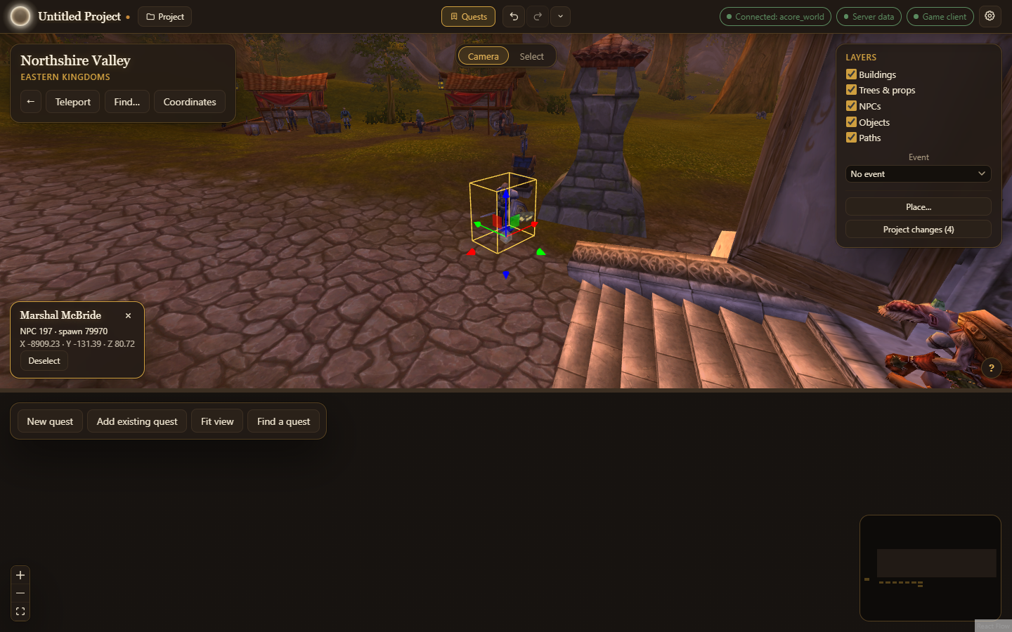 The World: Northshire Abbey in 3D, drawn from the game client, with Marshal McBride selected